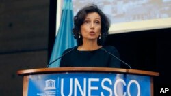 La Directrice générale de l'UNESCO, Audrey Azoulay, prononce un discours à Paris, France, le 19 novembre 2018. (AP Photo / Michel Euler)