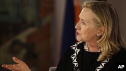 U.S. Secretary of State Hillary Rodham Clinton in Manila on November 16, at a Ceremony commemorating the 60th Anniversary of the signing of the Mutual Defense Treaty. (AP Photo/Bullit Marquez)