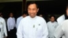 Myanmar's Parliament speaker Shwe Mann leaves after a press conference at the Union Solidarity and Development Party headquarters in Naypyitaw, Myanmar, Aug. 12, 2015.