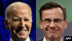 Presiden AS Joe Biden (kiri) dan Perdana Menteri Swedia Ulf Kristersson dalam foto kombinasi yang dibuat 1 Juli 2023. (Foto: Andrew Caballero-Reynolds dan John Thys)